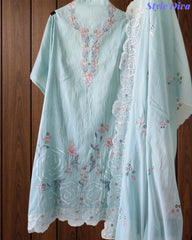 Mul Cotton Parsi Embroidered Un-Stitched Suit Set with Scalloped Embroidered Dupatta