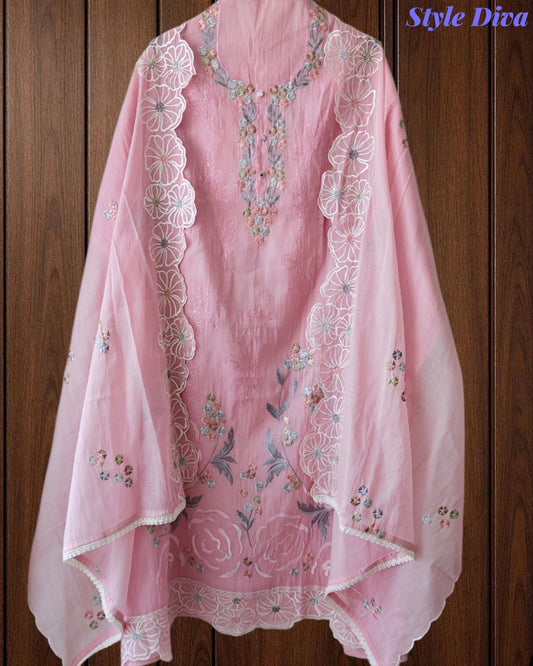 Mul Cotton Parsi Embroidered Un-Stitched Suit Set with Scalloped Embroidered Dupatta