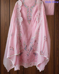 Mul Cotton Parsi Embroidered Un-Stitched Suit Set with Scalloped Embroidered Dupatta