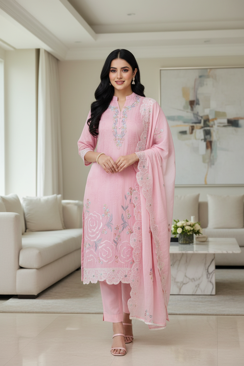 Mul Cotton Parsi Embroidered Un-Stitched Suit Set with Scalloped Embroidered Dupatta