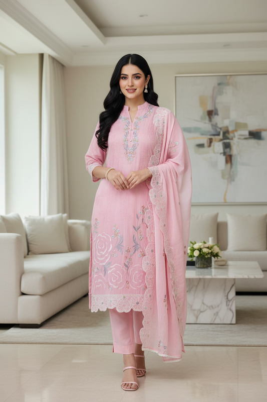 Mul Cotton Parsi Embroidered Un-Stitched Suit Set with Scalloped Embroidered Dupatta