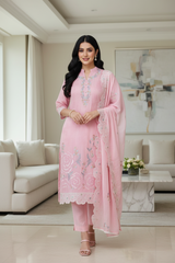 Mul Cotton Parsi Embroidered Un-Stitched Suit Set with Scalloped Embroidered Dupatta