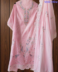 Mul Cotton Parsi Embroidered Un-Stitched Suit Set with Scalloped Embroidered Dupatta