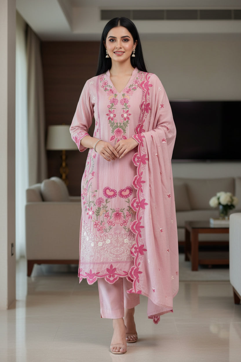 Mul Cotton Overall Embroidered Un-Stitched Suit Set