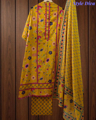 Cotton Pakistani Style Printed Un-Stitched Suit with Crochet Lacing Dupatta