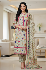 Cotton Pakistani Style Printed Un-Stitched Suit with Crochet Lacing Dupatta