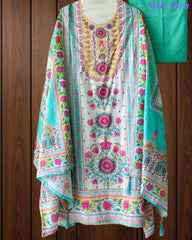 Pure Cotton Digital Print Un Stitched Suit with Pearl Highlighting Mul Cotton Dupatta