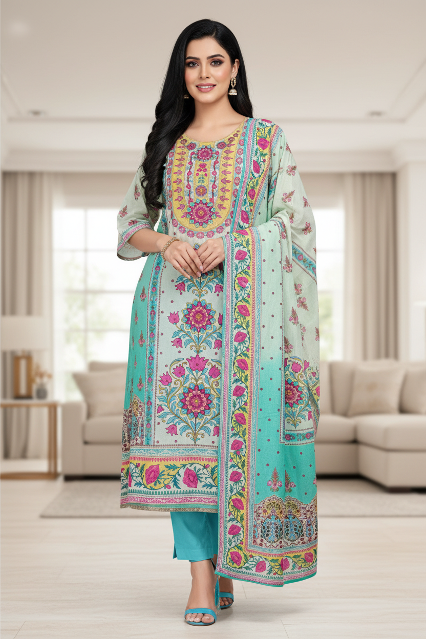 Pure Cotton Digital Print Un Stitched Suit with Pearl Highlighting Mul Cotton Dupatta