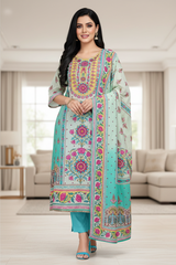 Pure Cotton Digital Print Un Stitched Suit with Pearl Highlighting Mul Cotton Dupatta