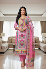 Pure Cotton Digital Print Un Stitched Suit with Pearl Highlighting Mul Cotton Dupatta