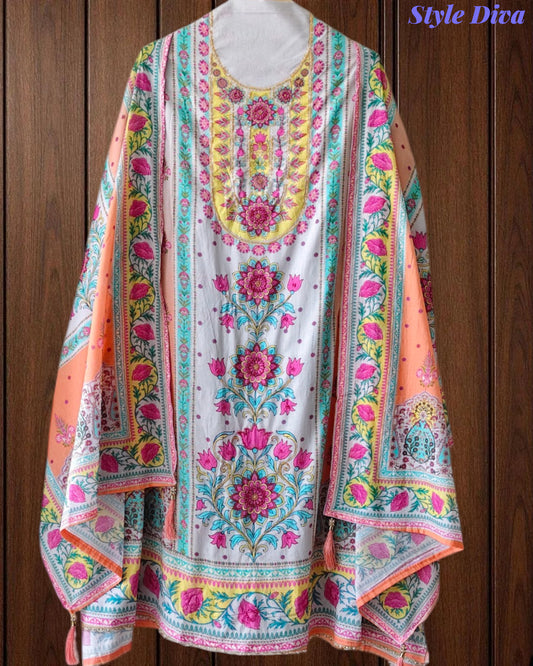 Pure Cotton Digital Print Un Stitched Suit with Pearl Highlighting Mul Cotton Dupatta