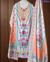 Pure Cotton Digital Print Un Stitched Suit with Pearl Highlighting Mul Cotton Dupatta