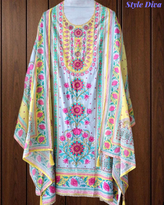 Pure Cotton Digital Print Un Stitched Suit with Pearl Highlighting Mul Cotton Dupatta