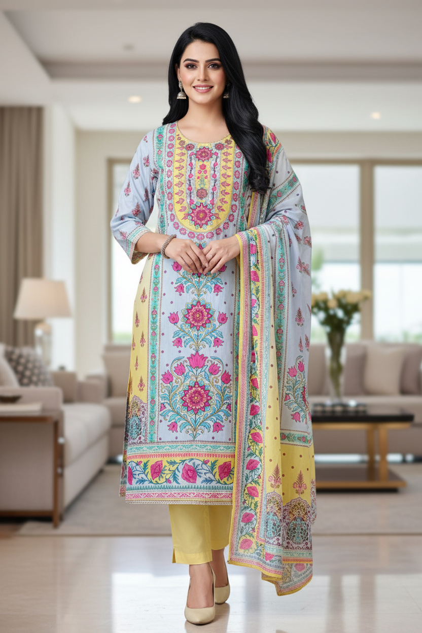 Pure Cotton Digital Print Un Stitched Suit with Pearl Highlighting Mul Cotton Dupatta