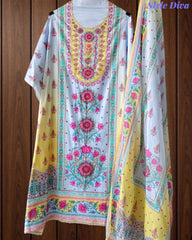 Pure Cotton Digital Print Un Stitched Suit with Pearl Highlighting Mul Cotton Dupatta