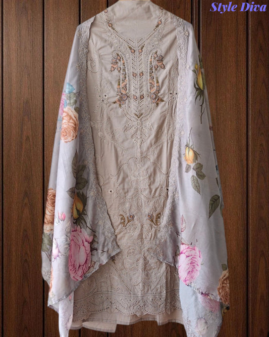Cotton Laser Cut Embroidered Unstitched Suit with Digital Print Mul Cotton Dupatta (3 Pc Set)