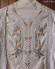 Cotton Laser Cut Embroidered Unstitched Suit with Digital Print Mul Cotton Dupatta (3 Pc Set)