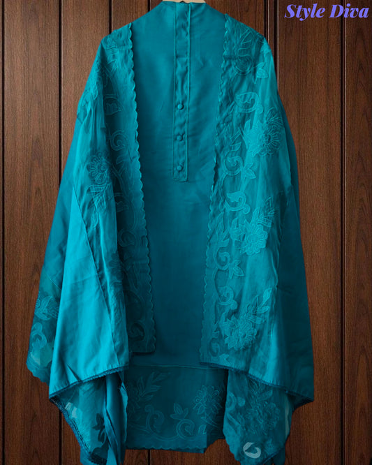 Mul Chanderi Un Stitched Suit with Organza Applique Work Border Dupatta