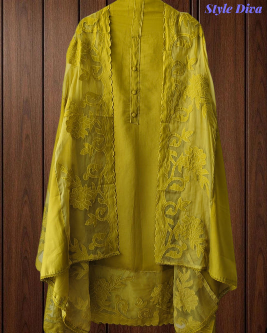 Mul Chanderi Un Stitched Suit with Organza Applique Work Border Dupatta