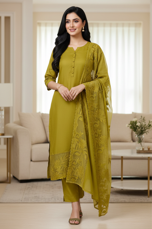 Mul Chanderi Un Stitched Suit with Organza Applique Work Border Dupatta