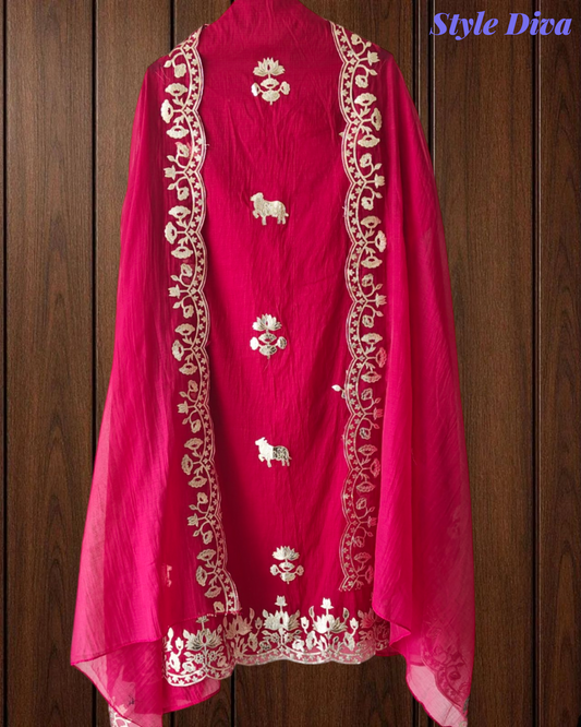 Magenta colour Mul Cotton Pichwai Art Un Stitched Suit with Gotta Laser Cut Work