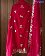 Mul Cotton Pichwai Art Un Stitched Suit with Gotta Laser Cut Work