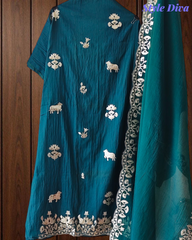 Mul Cotton Pichwai Art Un Stitched Suit with Gotta Laser Cut Work