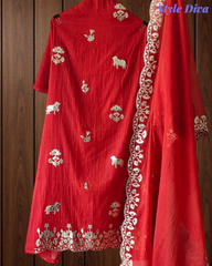 Mul Cotton Pichwai Art Un Stitched Suit with Gotta Laser Cut Work