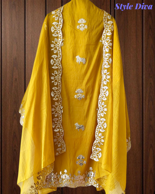 Mul Cotton Pichwai Art Un Stitched Suit with Gotta Laser Cut Work