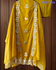 Mul Cotton Pichwai Art Un Stitched Suit with Gotta Laser Cut Work