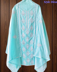 Pure Cotton Lucknowi Embroidered Un-Stitched Suit with Mul Cotton Dupatta & Zari Highlighting Work