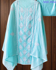 Pure Cotton Lucknowi Embroidered Un-Stitched Suit with Mul Cotton Dupatta & Zari Highlighting Work