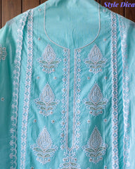 Pure Cotton Lucknowi Embroidered Un-Stitched Suit with Mul Cotton Dupatta & Zari Highlighting Work