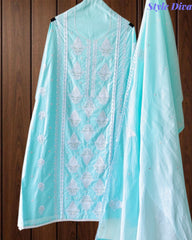 Pure Cotton Lucknowi Embroidered Un-Stitched Suit with Mul Cotton Dupatta & Zari Highlighting Work