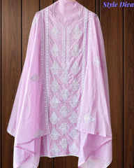 Pure Cotton Lucknowi Embroidered Un-Stitched Suit with Mul Cotton Dupatta & Zari Highlighting Work