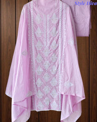 Pure Cotton Lucknowi Embroidered Un-Stitched Suit with Mul Cotton Dupatta & Zari Highlighting Work
