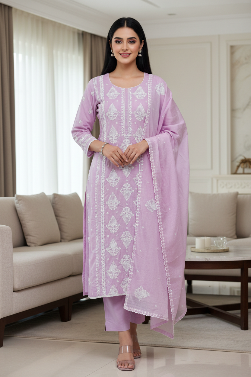 Pure Cotton Lucknowi Embroidered Un-Stitched Suit with Mul Cotton Dupatta & Zari Highlighting Work