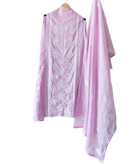 Pure Cotton Lucknowi Embroidered Un-Stitched Suit with Mul Cotton Dupatta & Zari Highlighting Work