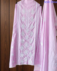 Pure Cotton Lucknowi Embroidered Un-Stitched Suit with Mul Cotton Dupatta & Zari Highlighting Work