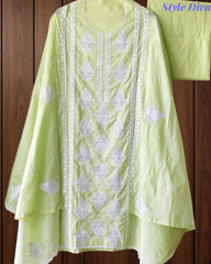 Pure Cotton Lucknowi Embroidered Un-Stitched Suit with Mul Cotton Dupatta & Zari Highlighting Work