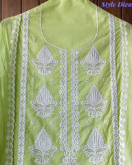 Pure Cotton Lucknowi Embroidered Un-Stitched Suit with Mul Cotton Dupatta & Zari Highlighting Work