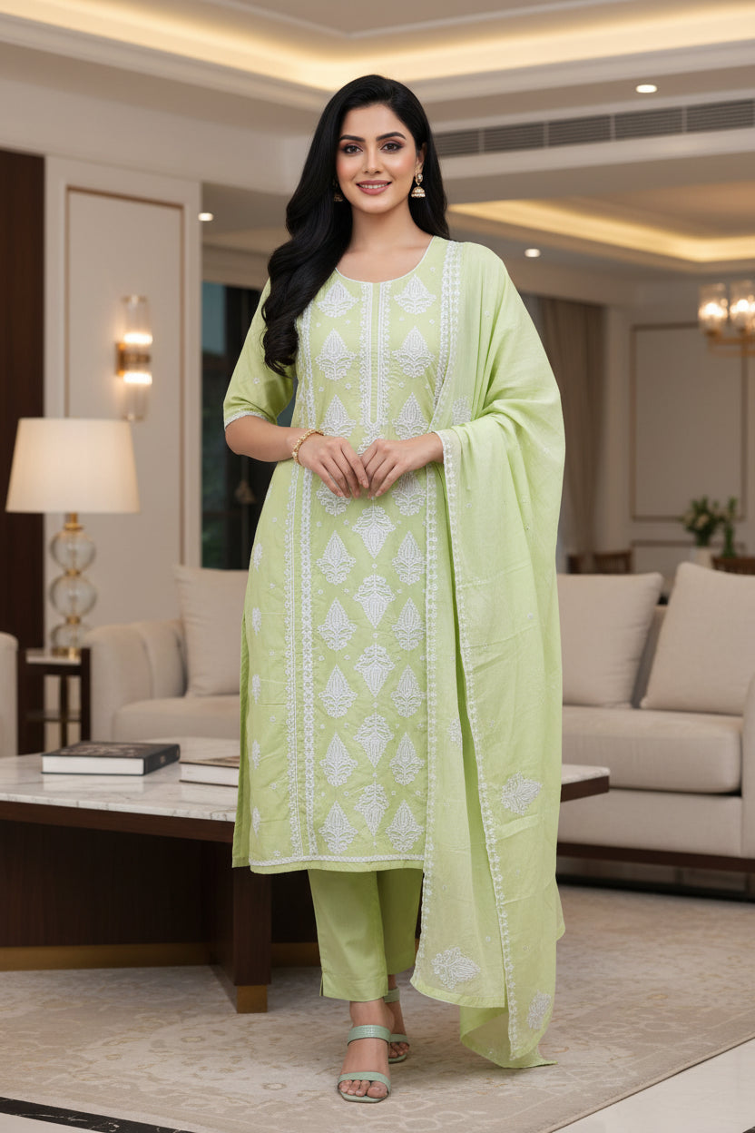 Pure Cotton Lucknowi Embroidered Un-Stitched Suit with Mul Cotton Dupatta & Zari Highlighting Work