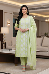 Pure Cotton Lucknowi Embroidered Un-Stitched Suit with Mul Cotton Dupatta & Zari Highlighting Work