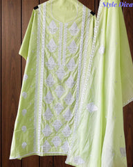 Pure Cotton Lucknowi Embroidered Un-Stitched Suit with Mul Cotton Dupatta & Zari Highlighting Work