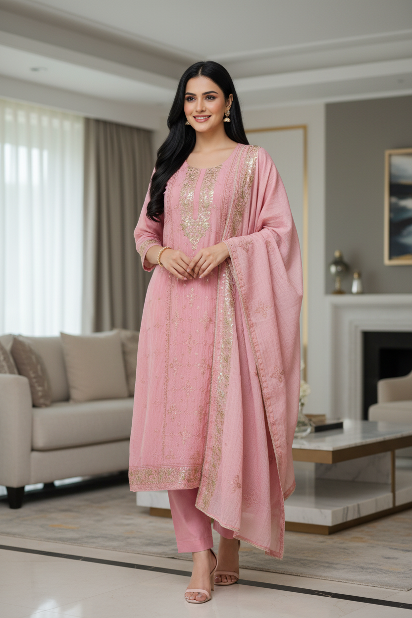 Mul Cotton Pita Work Embroidered Un-Stitched Suit Set