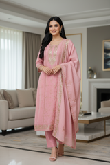 Mul Cotton Pita Work Embroidered Un-Stitched Suit Set