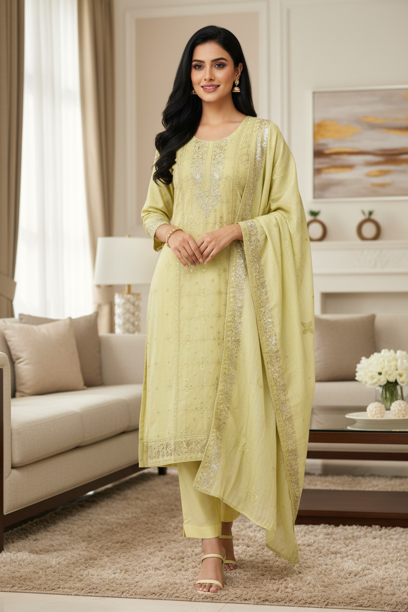 Mul Cotton Pita Work Embroidered Un-Stitched Suit Set