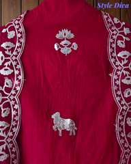 Mul Cotton Pichwai Art Un Stitched Suit with Gotta Laser Cut Work