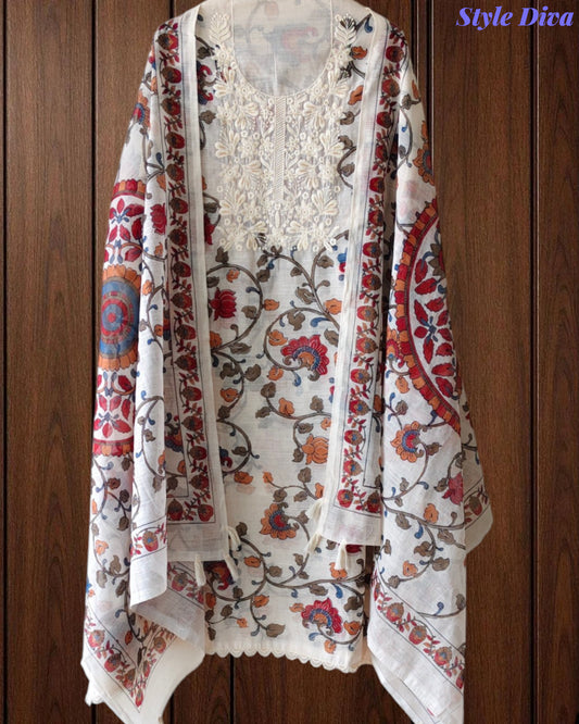 Linen Cotton Printed Un-Stitched Suit (3 Pc Set) with Neck Embroidery & Printed Dupatta