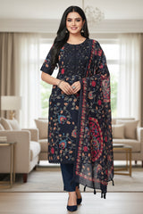 Linen Cotton Printed Un-Stitched Suit (3 Pc Set) with Neck Embroidery & Printed Dupatta